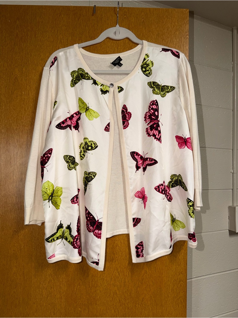 Talbots Cream Open Cardigan with Pink & Lime Butterfly Print EUC